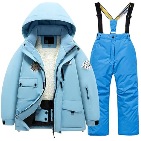 Genérico Traje de esquí Infantil Chaqueta pantalón térmico Forro Polar Bolsillo Cortavientos Snowboard Invierno Nieve Abrigo niños Unisex Actividades Exteriores (Blue, 14-16 Years)