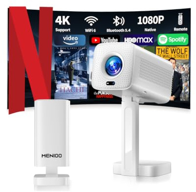 Mini Projector Supports 4K 1080P, Portable Projector with Auto Focus & Keystone und 90° Drehbarkeit, Smart Projector with WiFi 6 and Bluetooth 5.4 Compatible with HDMI/TV Stick/Laptop - Weiß
