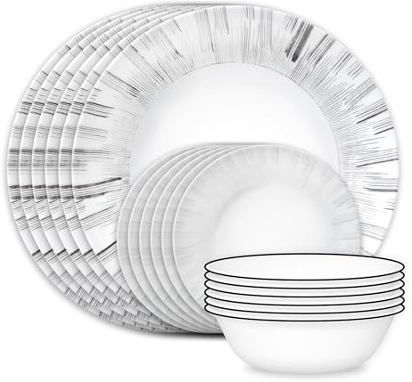 Corelle Vitrelle 18-Piece Service for 6 Dinnerware Set, Triple Layer Glass and Chip Resistant, Lightweight Round Plates and Bowls Set, Arica