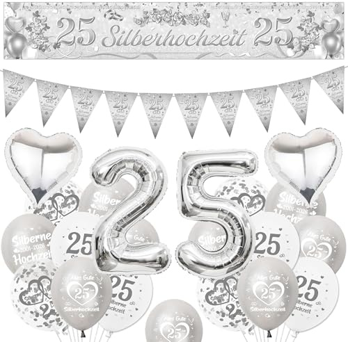 Silberhochzeit Deko Luftballons Banner Set - 25 Hochzeitstag Dekoration Silber Ballons Wimpel und Riesen Zahlenballon, Stoff Partybanner für 25. Jahrestag Party