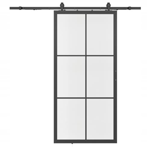 Schiebetür 91,4x213 cm | Lofttür mit Stahlrahmen und 6 Feldern aus gehärtetem Glas im modernen Industrial Design | Glasschiebetür für platzsparende Raumlösungen in Innenbereichen | Milchglas