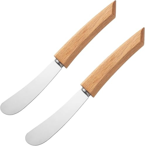 Juego de 2 Cuchillos para Mantequilla de Acero Inoxidable,Cuchillo Aplicador con Mango de Madera,Cuchillo para Untar para Cocina,Restaurante,Fiesta,Cuchillo para Mantequilla,Queso,Mermelada,Bollería