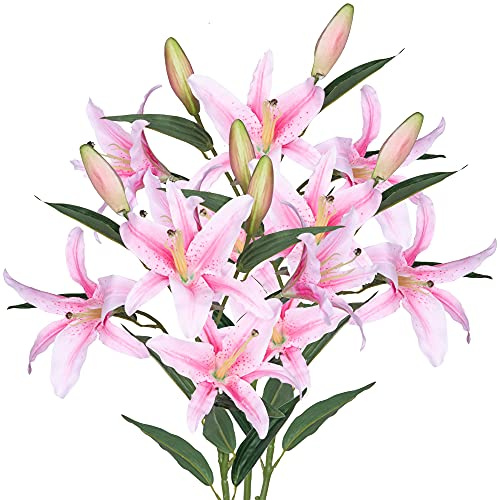 Grand Verde Lily Artificial Flowers Bulk Bouquet 30” Long Stems Dozen Blooming Silk Flower Heads Wedding Decoration Indoor Home Decor DIY Floral Crafts Table Centerpiece, 3pcs (Pink)