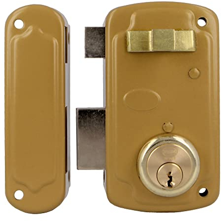 Amig - Cerradura de Sobreponer de Izquierda con Palanca de Cierre, Lengüeta y Tirador para Puertas de Madera Mod. 75U 66 x 120 mm Cilindro Redondo de Seguridad Acero Dorado