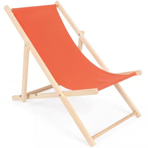 specwood Liegestuhl Holz klappbar leicht 3-Fach verstellbar stabil bis 120 kg Buchenholz Strand für Garten Balkon Camping Strandstuhl - Orange