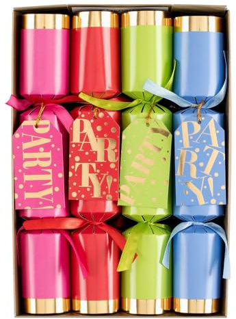 Caspari Party! Celebration Party Favors – 8 Luxury Table Favors per Box, 10” Decorative Pull Favors with Paper Crowns, Jokes & Toys for Holidays & Parties