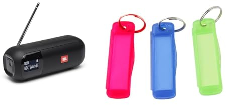 JBL Tuner 2 Radiorekorder in Schwarz – Tragbarer Bluetooth Lautsprecher mit MP3 & Fackelmann Schlüsselanhänger Tecno, Schlüsselschilder zum Beschriften, Schlüsselhalter aus Kunststoff, 3 Stück