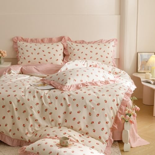 Rüschen Bettwäsche 135x200 4Teilig Rosa Erdbeeren Mädchen,aus Mikrofaser | Oeko-TEX zertifizierte,Aesthetic Wendebettwäsche für Allergiker,Romantisch Bettbezug 2 Kissenbezüge 80x80 mit Reißverschluss