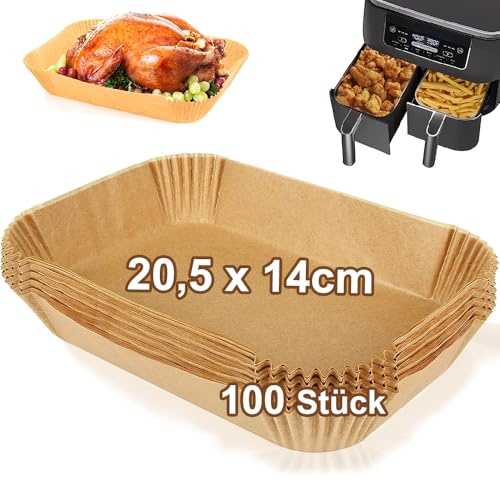 Backpapier für Heißluftfritteuse, 100 Stück 20,5x14 cm Rechteckig Airfryer Backpapier Liners für Ninja Air Fryer, Kompatibel mit Ninja AF300EU AF400EU, Princess, Anderen Dual Zone Air Fryer Zubehör
