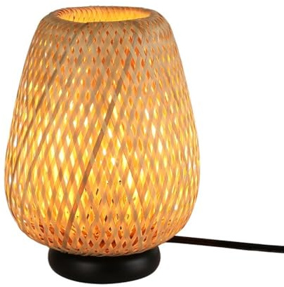 Lámpara de Mesa Boho de Mimbre Natural – Diseño Artesanal con Pantalla Tejida, Estilo Rústico y Luz Cálida – Ideal para Salón, Dormitorio o Decoración Nórdica – E27 (Bombilla No Incluida)