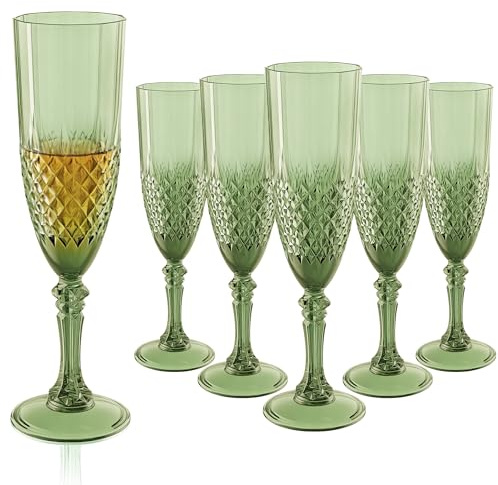 XXUE Plastic Champagne Flutes Set of 6, 200ml Green Champagne Glasses Unbreakable Shatterproof Reusable, Mimosa Prosecco Wine Stemware for Valentine's Day Wedding Toasting Bachelorette Party Holidays