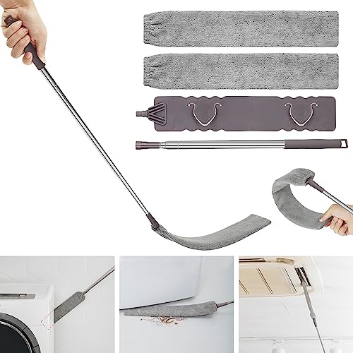 Plumero Plano, Cepillo Limpieza de Polvo con Varilla Telescópica de Acero Inoxidable, Limpiador de Polvo Retráctil, Plumero Atrapapolvo Microfibra Lavable para Piso, Debajo de la Sofá y el Cama