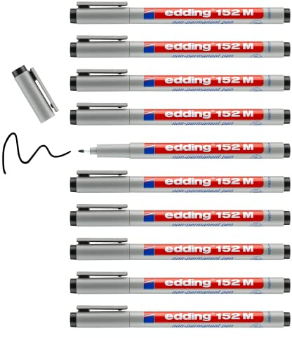 edding 152 M stylo non-permanent - noir - 10 stylos - plume ronde 1 mm - stylo pour écrire sur le verre, le plastique, les films et les surfaces lisses - séchage rapide, peut être corrigé à l'eau
