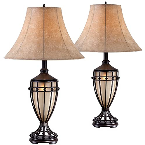 Franklin Iron Works Cardiff Traditional Rustic Urn-Shaped Table Lamps 33 Tall Set of 2 with Nightlight Brushed Iron Cage Champagne Glass Beige Fabric Bell Shade for Living Room Bedroom House