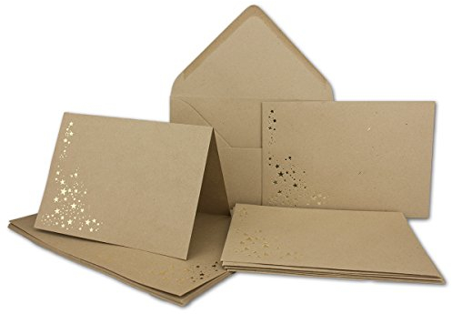 Faltkarten-Set mit Umschlägen DIN A6 - Sandbraun Kraftpapier mit goldenen Metallic Sternen - 30 Sets - Drucker geeignet Ideal für Weihnachtskarten
