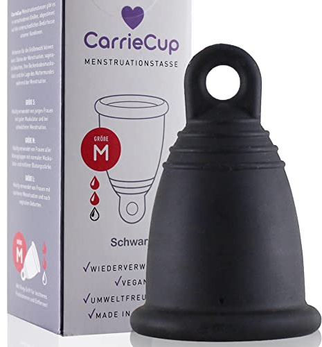 CarrieCup Menstruationstasse mittel, Made in Germany inkl. Beutel - BPA-frei, Alternative zu Tampons und Binden, silikonfrei, Menstrual Cup schwarz Periodentasse, Menstruationskappe