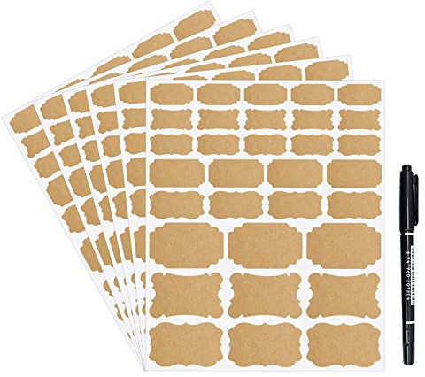 JaoNanl Kraft Labels Blank Fancy Labels Stickers 192pcs Assorted Self-Adhesive Stickers with a Marker for Gifts, Decoration, Storage, Bottles, Jars, Food Container, Handcrafts, DIY Project
