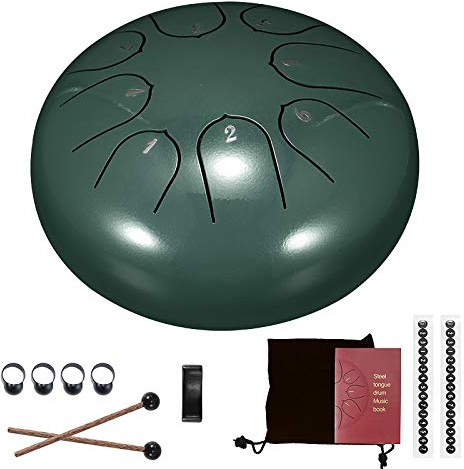 Schlitztrommeln, Stahlzungen-Trommel, 6 Zoll 8-Ton-D-Tonart, Handpan-Trommel mit Trommelstöcken, Tasche, Fingerabdeckung, Schlaginstrument für die musikalische Ausbildung Konzert Mind Healing, Green