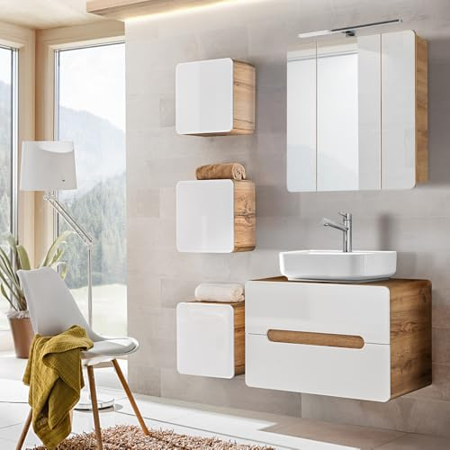 Lomadox Badezimmer Komplett Set 6-TLG in Hochglanz weiß mit Wotan Eiche Nb. LUTON-56 mit Keramik Aufsatzbecken, B/H/T CA: 180/200/46 cm
