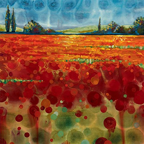 Kunstdruck, Leinwand, auf Holz, Bars Spring Meadows I Werbelow Selina – Landschaft, quadratisches Bild, rot, orange, grün, blau, Landschaft, Zypressen, Bäume, Hori, Kunstdruck, 65 x 65 cm