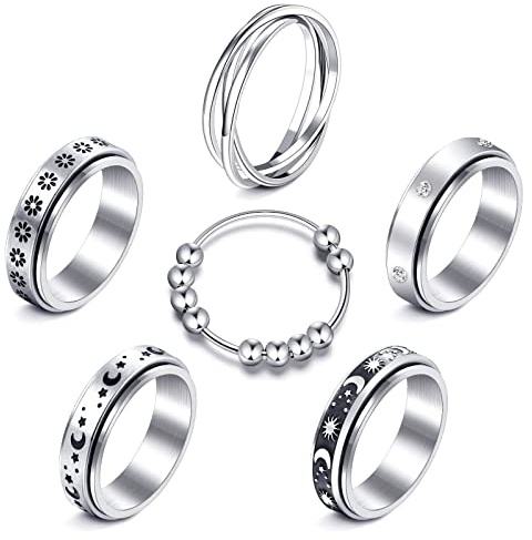 MUCAL Fidget ringar för ångest 8 st rostfritt stål spinner ring anti-ångestring snurrande måne stjärna cool stressavlastande ringar för kvinnor män, 7, Rostfritt stål, ångestring