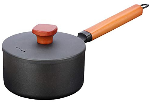 TSTSM Milk Pan,Non Stick Stone with Wooden Handle and Lid Cookware,Kitchen Iron Milk Pot,Milk Jug/Tea/Coffee/Egg Boiling Pot/Baby Food Pot,Black 16CM