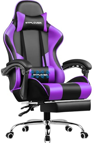 GTPLAYER Spelstol, massage ergonomisk datorstol med fotstöd och ländryggsstöd justerbar spelstol med 360° svängbart säte och nackstöd för kontor Lila