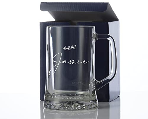 ukgiftstoreonline Personalised Name Script with Leaf Design Birthday Beer Tankard Glass Gift for Him