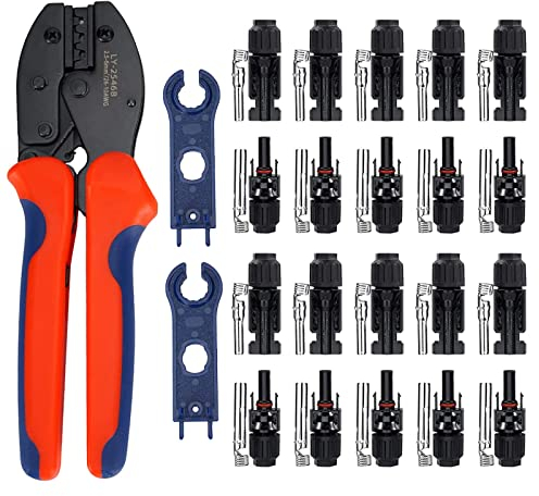 Alicates de Crimpado Solar para Cable de Panel Solar de 2,5/4/6mm², Kits de Herramientas de Alicates de Crimpado para Energía Solar Fotovoltaica con 10 Conectores de Macho Hembra y 2 Llaves