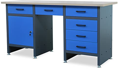 Jan Nowak Werkbank mit Arbeitsplatte Werktisch mit 6 Schubladen Schließfach Verstellbare Füße MDF-Arbeitsplatte Belastbar bis 500 kg Metall 170 cm x 60 cm x 85 cm Anthrazit-Blau