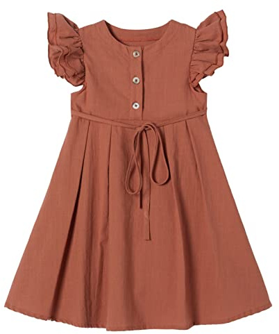 Ugitopi Robe Décontractée en Coton et Lin pour Fille Manchon Flutter Caramel 110