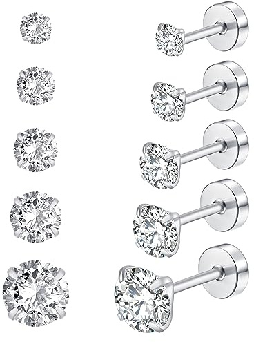 5 Paare 925 Silber Ohrringe Set 3MM/4MM/5MM/6MM/8MM | Ohrstecker Damen Silber Ohrringe Stecker Diamant Ohrringe Mädchen Damen Silber Herren Ohrringe für Damen Männer Mädchen