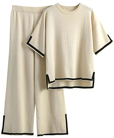 Faleave Strick-Zweiteiler für Damen, Kurzarm-Pullover und Hose mit elastischem Bund, weites Bein, Loungewear-Set