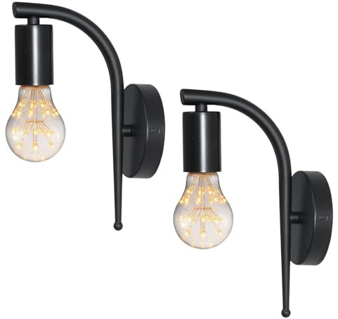 Wandleuchte Innen E27 Wandleuchte Metall 2 Stücke Wandlampe Vintage Retro Gebogene Wandleuchte Industrial für Schlafzimmer Wohnzimmer Esszimmer Balkon Loft-Schwarz