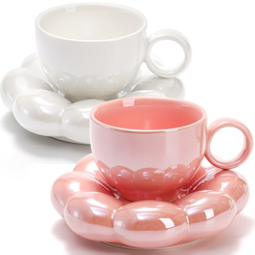 Goaste Confezione da 2 tazze da caffè in ceramica con piattino, simpatiche tazze a nuvola con sottobicchiere a girasole, 226,8 g, creative, per ufficio, casa, caffè, tè, latte, rosa, bianco perla