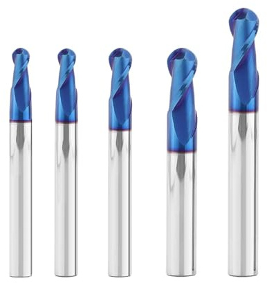 AYCHOLIZ 5PCS Ball Nose Carbide End Mill Set HRC65 CNC Cutter Router Bits 2 Flute Spiral Milling Tool Radius 1mm 1.5mm 2mm 3mm 4mm Milling Cutter with Nano Coated
