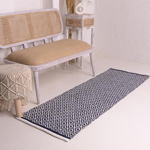 RAJRANG Geometrischer Läufer, 61 x 183 cm, handgewebt, Diamanten, wendbar, Baumwolle, maschinenwaschbar