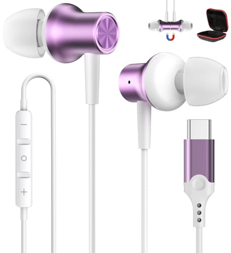 Ecouteur USB C HiFi Stéréo Magnétique avec Micro pour Honor 600/Magic8 Lite | Intra Auriculaire Écouteur Type C Casque pour Redmi Note 15/POCO X8 X7 Pro pour iPhone 17 16 15 Pro pour Pixel 10a 9a violet
