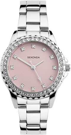 Sekonda Elizabeth Damen-Quarzuhr 33 mm mit Gehäuse in Steinfassung, Analog-Anzeige und Edelstahlarmband