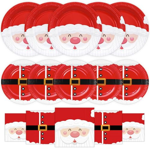 HNH Assiettes de Noël, Père Noël Lot de 48 Serviettes de table Assiettes à dessert en papier Vaisselle de fête jetables pour Noël