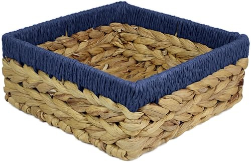 Small Water Hyacinth Square baskets for storage. Natural with blue edges for shelves open hamper decorative gift mini tray make up Kitchen organiser (1 x Pack, Large 22cm)