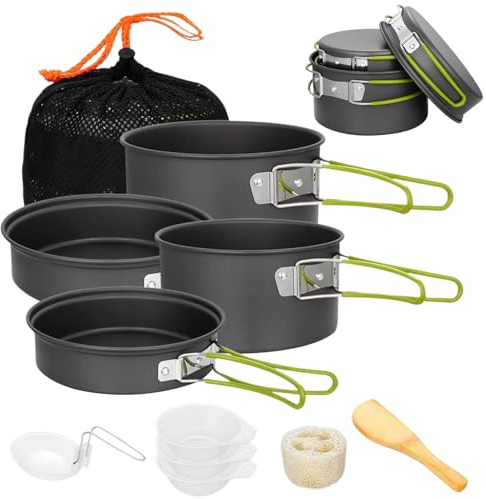 Camping Cooking Set, Aluminium Alloy Non-stick Camping Pots and Pans with Handle, Portable Stackable Camping Cookware with Mesh Bag for Outdoor Camping Hiking Picnic, Camping Pans