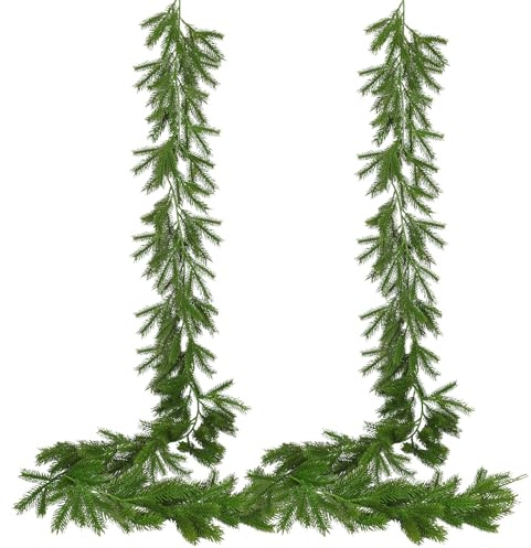 5.91FT Christmas Pine Garland 2Pcs Winter Hanging Greenery Cypress Fork Ivy Vines Xmas Norfolk Pine Needles Rattan Christmas Decor Holiday Home Garden Mantel Fireplace Table Indoor Outdoor(Green)