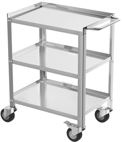 TAIMIKO Stainless Steel Utility Cart - For Kitchens, Restaurants, Garages, Hotels, Rolling Serving Trolley with Storage & Locking Wheels, Size: 68×41×86.5cm, Comes in Large Size and with 3 Tiers