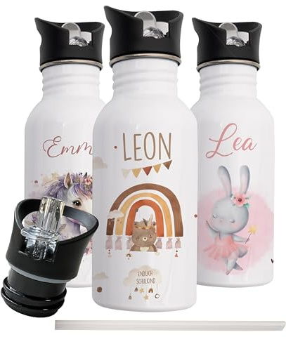 Kidsmood - Personalisierte Trinkflasche für Kinder aus Edelstahl, 500ml mit integriertem Trinkhalm, Auslaufsicher, Spülmaschinenfest und Perfekt für Schule & Kindergarten
