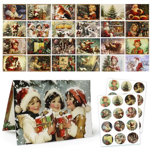 Cartes de Noël, 24 pcs carte de noël originale pliée + 24 pcs Enveloppes + 24 Aotocollants, Carte de Remerciement, Carte de Voeux Pour Noël et Nouvel An, carte-cadeau de Noël Postales Antiques