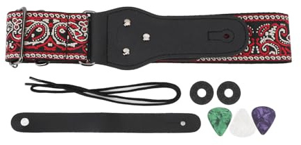 Gitarrengurt, Gitarrengürtel, Vintage-Jacquard-Stickerei, Baumwolle, längenverstellbar, breites Gitarrenband mit Crazy Horse-Lederenden für Bass (Rot)