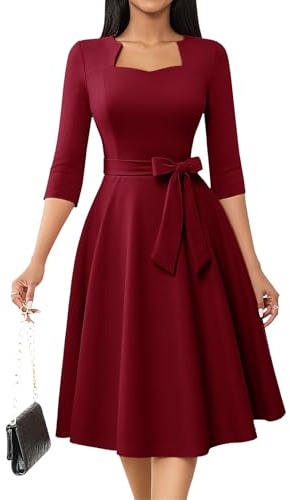 Fit and Flare Church Cocktail Mother of The Bride Prom Dresses for Wedding with 3/4 Long Sleeves Modest 50s Style Formal Tea Party Dress Burgundy M