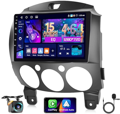 4+64G Autoradio für Mazda 2 2007-2014 mit Wireless Carplay Android Auto | 9 IPS Android 15 Radio mit FM RDS EQ Bluetooth Navi GPS Videoausgang Split-Screen SWC USB WIFI Kamera Mikrofon