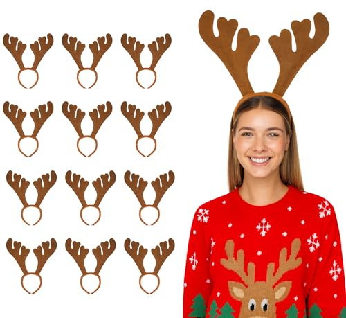 HENBRANDT 12 Stück Braune Rentiergeweih Stirnbänder Weihnachten Neuheit Kopfbedeckung Boppers Klassisches Hirschgeweih Einheitsgröße Fasching Haarband Weihnachten Party Zubehör für Erwachsene
